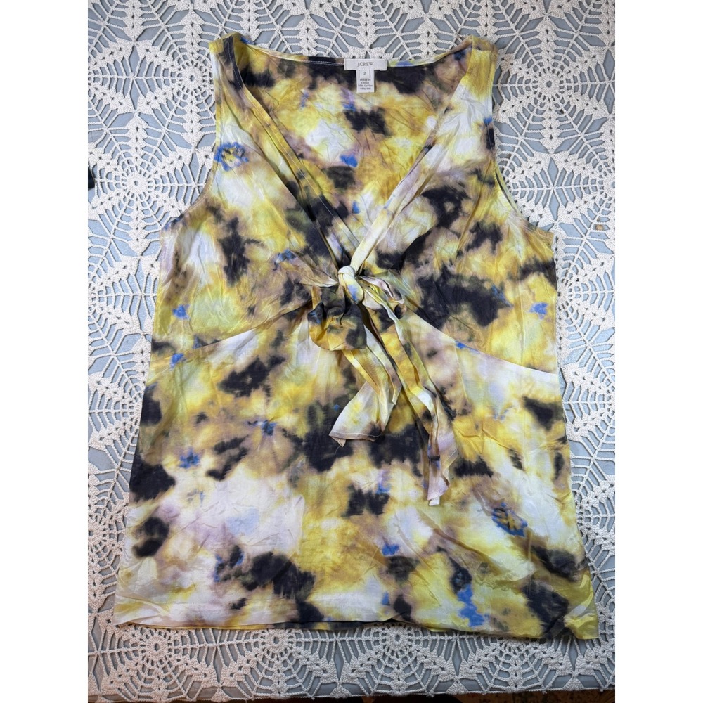 J.Crew Silk Cotton Tie Dye Sleeveless V-Neck Tie Front Blouse Yellow Black Sz 2
